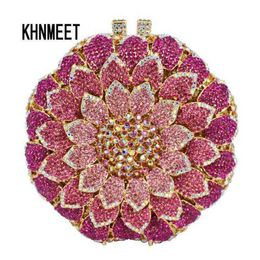 Evening Bag Laisc Pink Circular Flower Shape with Metal Diamond Ladies Clutch Party Crystal Purse Prom Pouch Sc202-b 1214299M