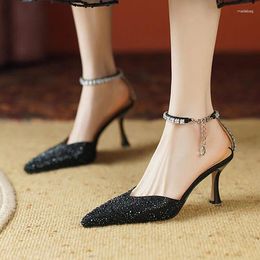 Sandals Elegant Black Crystal Women Pointed Toe Formal Dress Pumps Rhinestone Chains Silver Wedding Shoes High Heels Sandalias