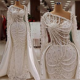 Luxo sereia vestidos de casamento completo pérolas contas alta pescoço vestidos de noiva manga longa lantejoulas ilusão vestido de noiva