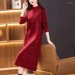 Casual Dresses Korean Fashion Print Knitted Pullovers For Women Autumn Winter Cashmere Thick Warm Sweater Dress 2023 Elegant Loose Prom