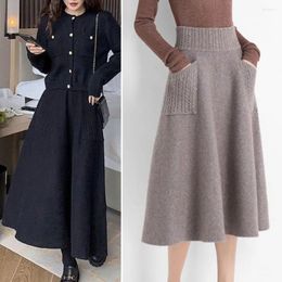 Skirts Women Fall Winter Skirt Knitted Elastic High Waist Thick Soft Warm Stretchy Solid Colour Loose Big Swing A-line Pocket Mid-calf L