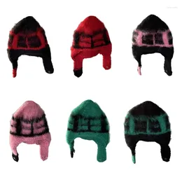 Berets Knit Trapper Hat Elastic Fashion Ear Protection Russian Bomber Plaid Earflap Beanie Winter Warm Hooded