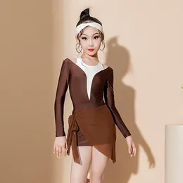 Stage Wear Girls Off Shoulder Latin Dance Dress ChaCha Competition Costume Rumba Tango Clothes Brown Bodysuit Skirt Dancewear VDB7427