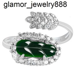 S925 Silver natural Emerald leaf jade ring fashion women's adjustable D096