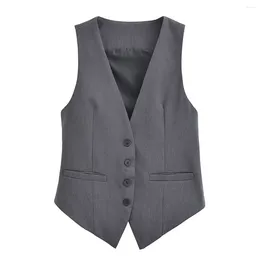 Women's Vests Women Fashion Custom Vest Coat Vintage V-neck Sleeveless Single-breasted All-match Casual Female Waistcoat Chic Tops