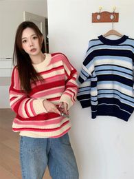 Women's Sweaters Autumn And Winter Knitted Sweater Loose Casual Pink Stripe Pullover