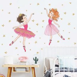 Cartoon Princess Girls Friends Dancing Ballet Gold Stars Wall Stickers Kids Room Wall Decals Home Decorative Stickers PVC Decor