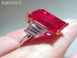 Simulated Moissanite Gemstone Diamond Emerald Cut Ruby Ring Female 925 Silver With Red Stone Party Engagement Gift Cluster Rings1941437