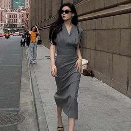 Casual Dresses Elegant Formal Dress Grey V-neck Pleated Short Sleeve Pencil 2023 Summer Fashion Slim Bodycon Office Lady