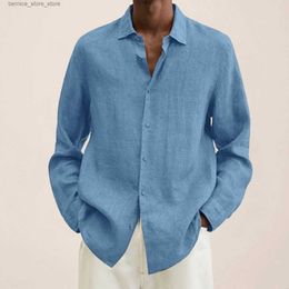 Men's Polos Pure Blue Cotton Linen Shirt Tops Casual Plus Size Loose Shirt Mens Turn Down Collar Long Sleeve MenS Work Breathable Cardigan Q231215