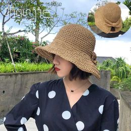 Wide Brim Hats Bucket Hats 2021 Handmade Raffia Bow Sun Hat Wide Brim Floppy Summer Hats For Women Beach Panama Straw Dome Bucket Hat Femme Shade Hat YQ231215