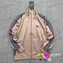 Men's Jackets 2023 Taupe Needles Track Jacket Men Women Knitted Purple Stripe Poly Smooth Needles Jackets Butterfly Sport Coat T231215