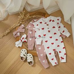 Rompers Ruffle Long Sleeve Infant Baby Girls Romper Kids Clothes Cute Heart Print Rib Jumpsuit+Headdress Valentine's Day Kids PlaysuitL231114