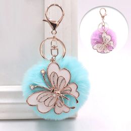 Cute Butterfly Keychain Plush Pompom Hair Ball Pendant Key Ring Women Bag Charm Accrssories Fashion Car Key Decorations Gifts