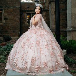 Mexican Vestido De 15 Anos Pink Charro Quinceanera Dresses With Cape Lace Applqiued Beads Corset Sweet 16 Dress Abiti Da Cerimonia