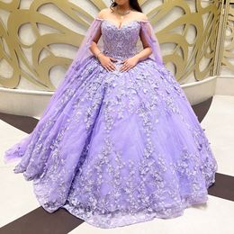 Lavender Princess Quinceanera Dresses Lace Appliques Bow Beading With Cape Sweet 16 Birthday Party Vestidos De 15 XV Anos