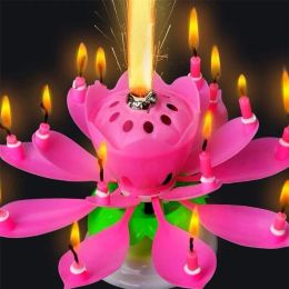 Birthday Cake Music Candles Rotating Lotus Flower Christmas Festival Decorative Music Wedding Party Decorat