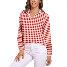 Women's Blouses Red And White Gingham Loose Blouse Plaid Print Korean Fashion Oversized Women Long-Sleeve Shirt Summer Graphic Clothes