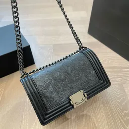 Vintage Women Designer Boy Shoulder Bag Embossment Flower Pattern Aged Black Silver Hardware Metal Chain Adjustable Strap Stripes 25x16cm Cross Body Handbag