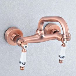 Bathroom Sink Faucets Wall Mounted Faucet Antique Red Copper Finish Dual Ceramic Handle Washbasin Mixer Vessel Lsf906