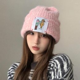 Berets Japanese Retro Soft Knitted Stacking Hats For Women Autumn And Winter Ins Cute Sticker Warm Ear Protection Sweet Pink Beanies