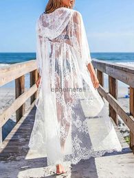 Women's Swimwear In-X Sexy lace beach dress Hooded long kaftan kimono Transparent swimsuit cover ups White Beach wear Bathing suit Cover up new YQ231215