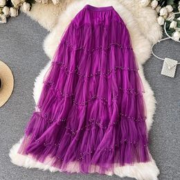 Skirts TIGENA Fashionable Long Tiered Tutu Tulle Skirt For Women High Street Beading A Line Waist Maxi Mesh Female Pink