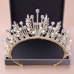 KMVEXO Baroque Luxury Bridal Crystal Leaf Crowns Princess Queen Pageant Prom Pearl Veil Tiaras Headband Wedding Hair Accessories T328q