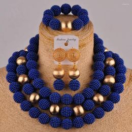 Necklace Earrings Set African Beads Royal Blue Jewelry Simulated Pearl Nigerian Wedding Bridal Sets FZZ77