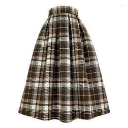 Skirts 2023 Winter Korean Ladies Designer Celebrity Vintage Elegant Maillard Preppy Style Block Colour Plaid Brown Skirt Woollen 5XL