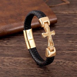 Echtes Leder Armband Männer Gold Farbe Kreuz Handgemachte Punk Schmuck Charme Armbänder Luxus Magnetische Verschluss Armreifen Ganze Gif265K