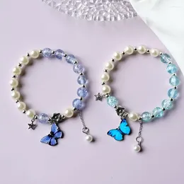 Charm Bracelets Elegant Pearl Burst Crystal Bracelet For Women Blue Beads Bangle With Butterfly Pendant Fashion Jewellery Elastic Rope