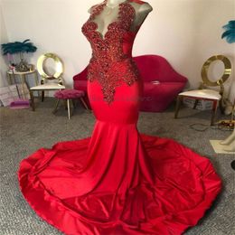 Luxury Red Prom Dress For Black Girls Diamond Beaded Mermaid Evening Dress O Neck Sleeveless Formal Birthday Party Gowns 2024 Promdress Elegant Vestios De Gala Chic