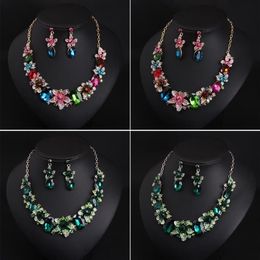 Women Colorful Flowers Bridal Jewelry Sets Wedding Bib Choker Chain Necklace Earrings Cocktail Party Costume Crystal Jewellery1775