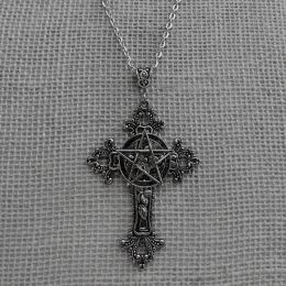 Großes Kreuz Pentagramm Pentagramm 14K Gold Halskette Anhänger Floral Filigran Viktorianisch Vintage Gothic Tolles Geschenk für Sie Schutzamulett