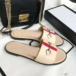 Designer Summer Beach slippers fashion Loafers Lazy heeled flops leather Letters lady Cartoon Slides women shoes Metal Ladies Sandals Large size 35-39-42