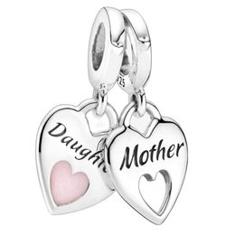 925 Sterling Silver Beads Charms Mother Daughter Double Heart Split Dangle Pendants Fit Original Bracelet DIY Women Jewelry257H