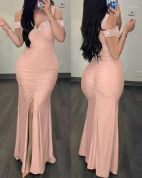 Casual Dresses Woman Sexy High Waist Evening Fashion Women's Clothes Rhinestone Cold Shoulder Slit Ruched Elegant Party Dress for Women 854