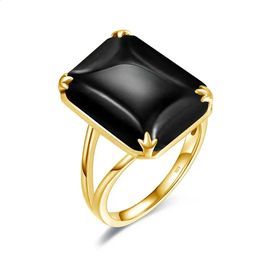 Wedding Rings Luxury Black Onyx Rings For Women Real 925 Sterling Silver Gemstones Design 13*18mm Rectangle Stone Gold Plated Vintage Jewelery 231214