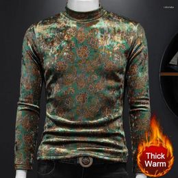 Men's T Shirts Thick Velvet Half Turtleneck Sweatshirt Retro Floral Pattern Print Men Sudadera Hombre Shirt Korean