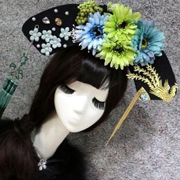 Women Cosplay Flower Rhinestone Pearl Headwear Tassels Hat Chinese National Ancient Costume Wedding Head Wear Hair Accessories