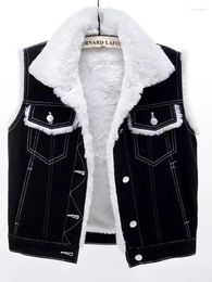 Women's Vests Autumn Black Lamb Wool Liner Plush Thick Cowboy V Winter Plus Velvet Warm Women Denim Waistcoat Female Blue Sleeveless Jacket