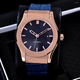 Wristwatches Mens Mechanical Watch Automatic Black Brown Leather Rose Gold Blue