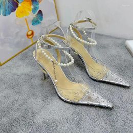 Sandals Pearl Chain Stiletto Heels For Women Pointed Toe Clear Pvc Ladies Mules 2023 Fashion Summer Slippers