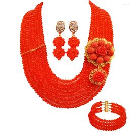 Necklace Earrings Set Orange African Costume Jewellery Crystal Strand Wedding Beads