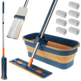 Mops Mop and Foldable Bucket Set 360° Rotating Microfiber HandsFree Flat Floor with Dewatering Scraper Dry Wet Dust 231215