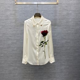 High End Black/White 3D Roses Print Women's Shirts Designer 100% Silk Lapel Neck Long Sleeves Blouses Womens 121509