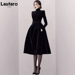 Urban Sexy Dresses Lautaro Autumn Midi Vintage Black Velvet Party Dress Turtleneck Collar Long Sleeve Retro Elegant Luxury Evening Gowns for Women 231215