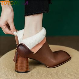 Boots TOTOMELA Nature Genuine Leather Wool Winter Boot Shoes Square Toe y High Heels Zipper Ladies Short Snow 231214