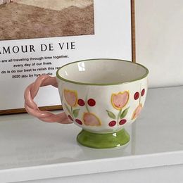 Mugs Creative Coffee Cup Ceramic Pink Tulip Flower Tea Mug Afternoon Cake Plate Assiettes Mariage Kitchen Accessories
